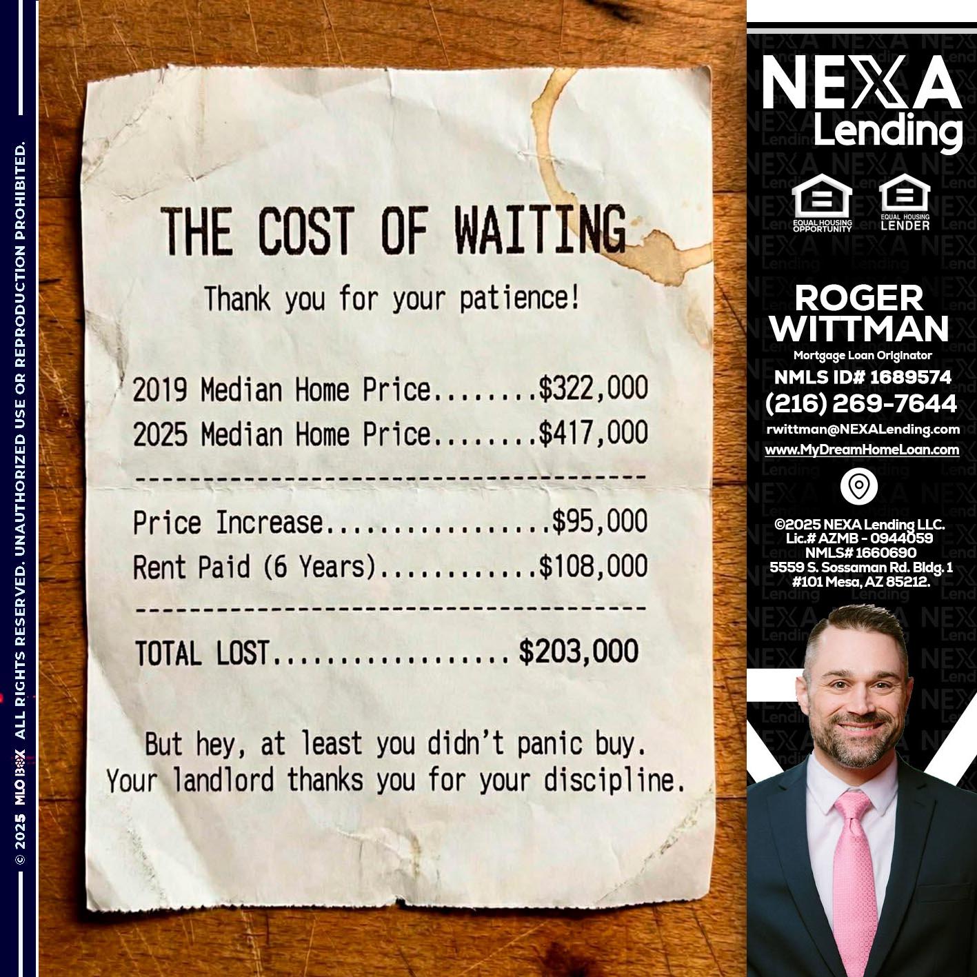THE COST OF WAITING - Roger Wittman -Mortgage Loan Originator
