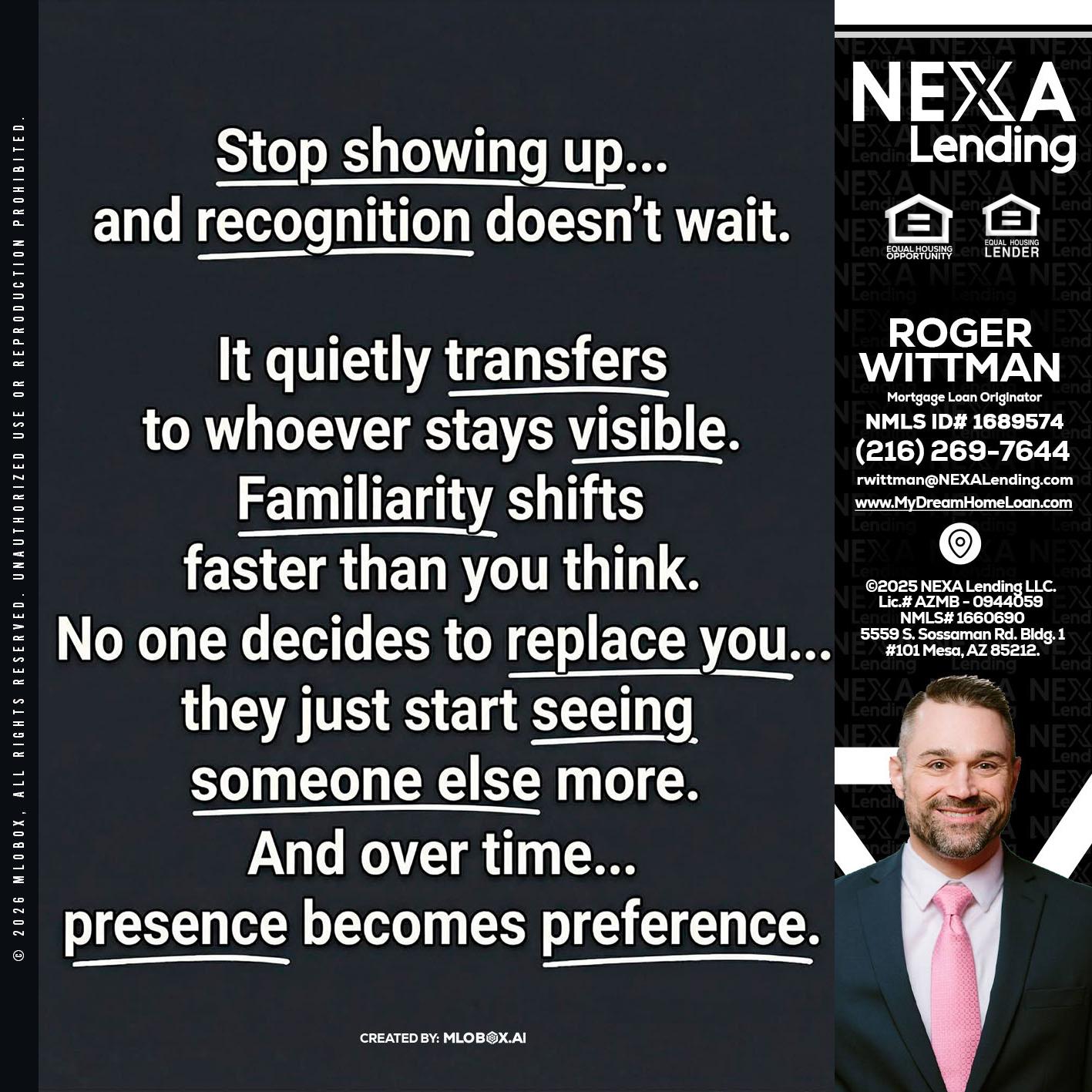 STOP SHOWING - Roger Wittman -Mortgage Loan Originator