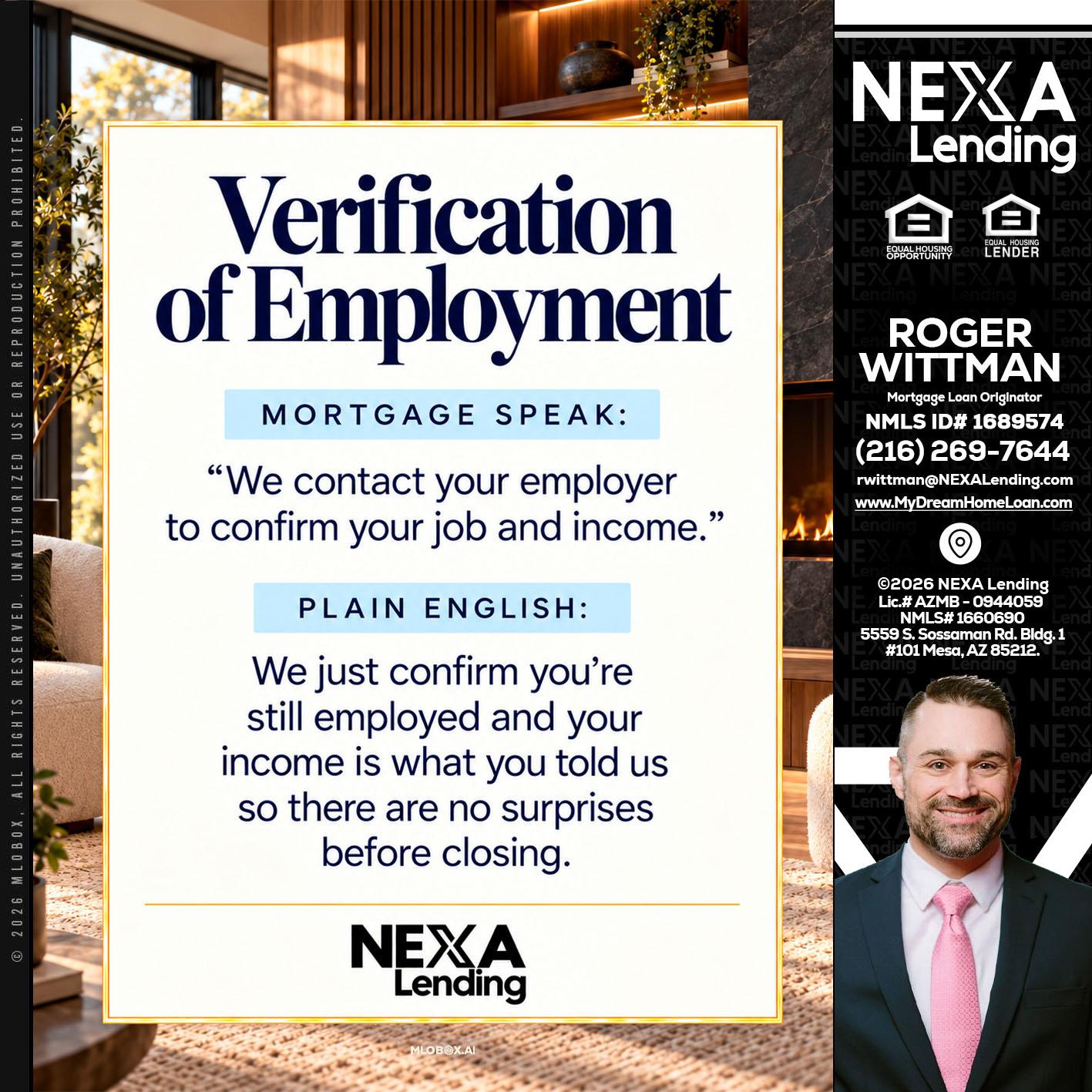 VERIFICATION OF EMPLOYMENT - Roger Wittman -Mortgage Loan Originator